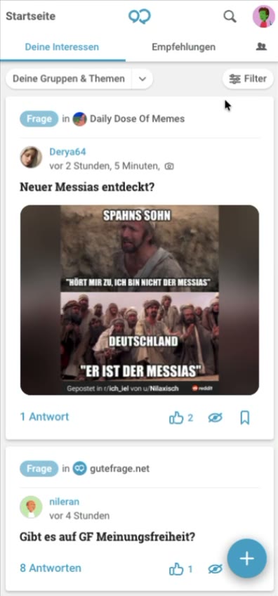 Infinite-scrolling feed on gutefrage.net